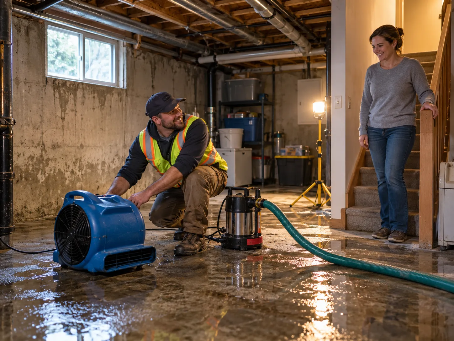 Provider setting up drying equipment in a flooded basement in a Salt Lake City home