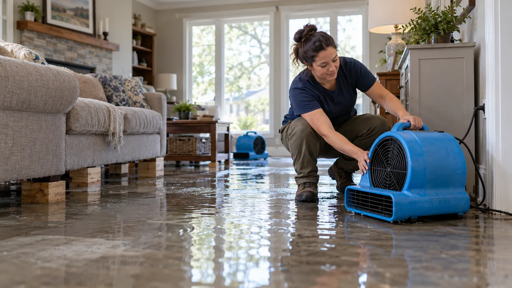 Water damage restoration technician drying a flooded living room in Salt Lake City