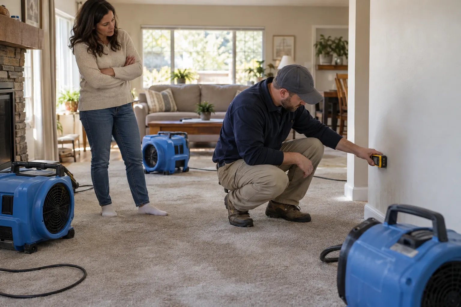 A restoration provider checking a wet living room wall with a moisture meter in a Salt Lake City home